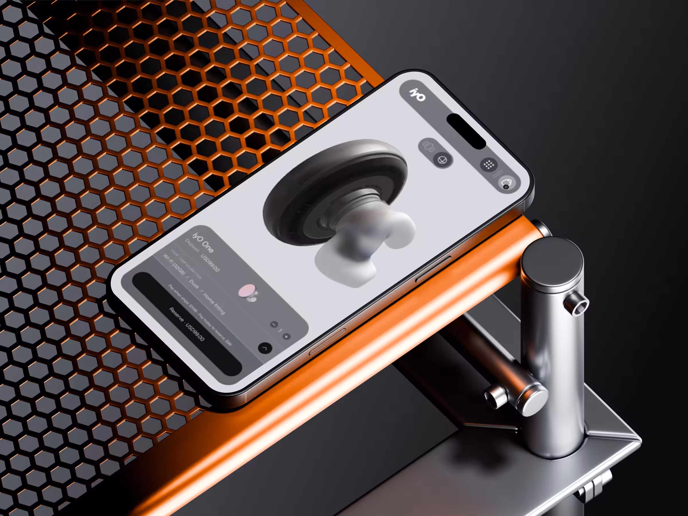 Smartphone on metal arm displays 3D product view of black and white wireless earbuds.