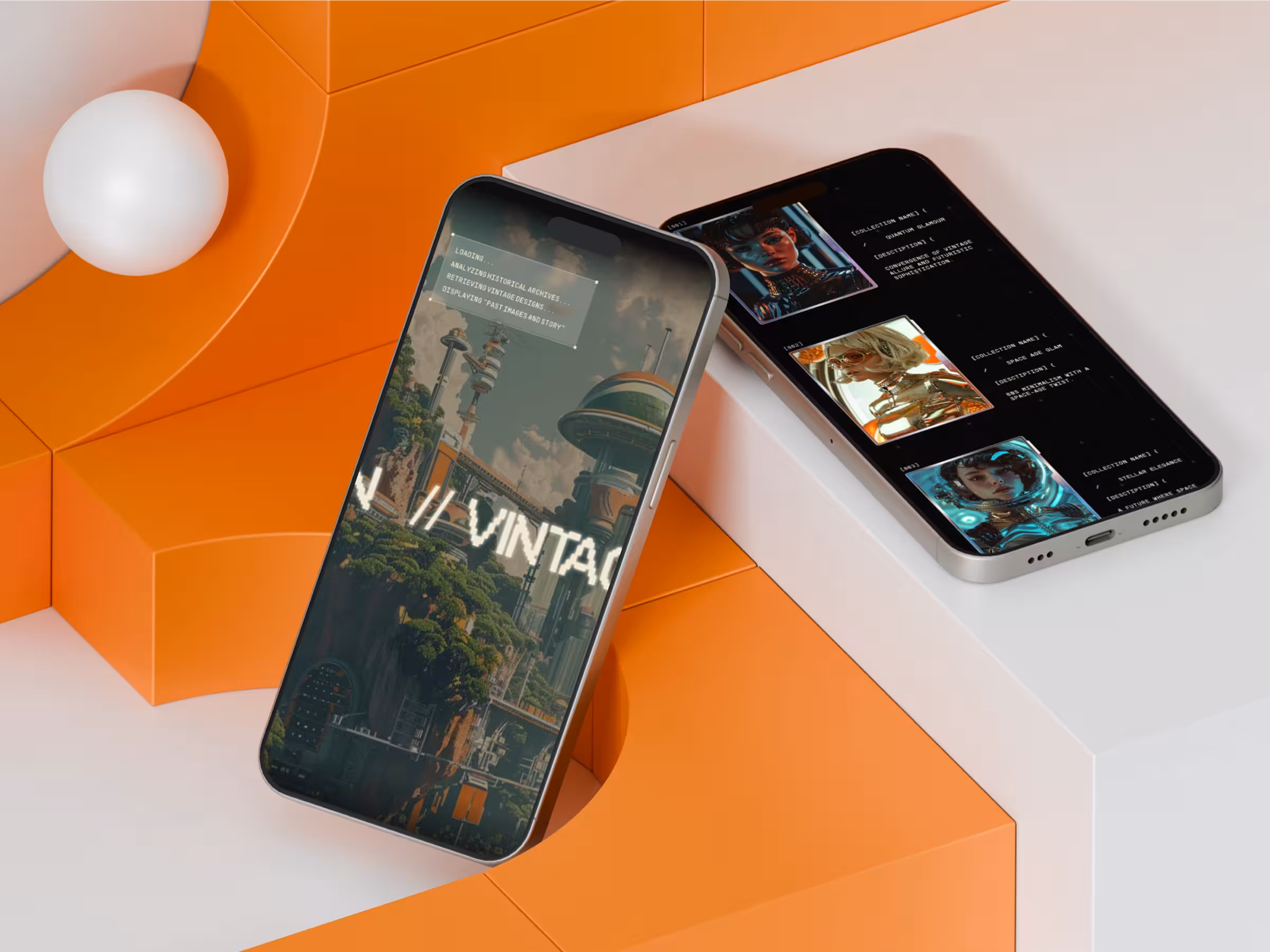 Two smartphones on orange and white geometric surfaces displaying futuristic vintage designs and portraits.