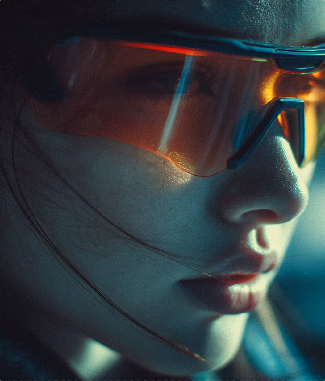 Close-up of a face wearing reflective futuristic orange-tinted glasses with light reflections.