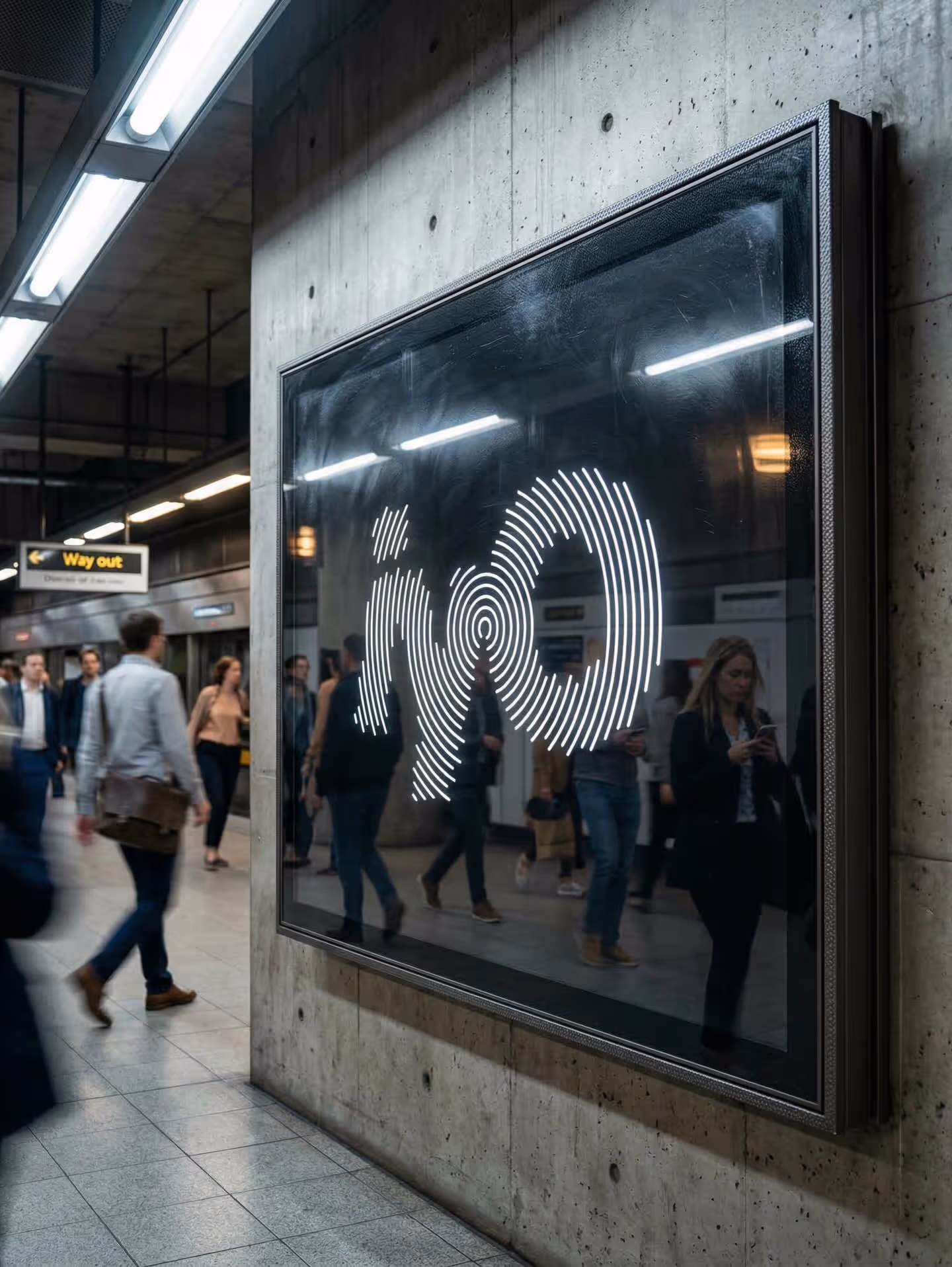 Subway station platform with a digital display showing concentric circle design and commuters walking by.
